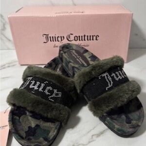 NIB Juicy Couture Olive Camo Fur Slide Sandals